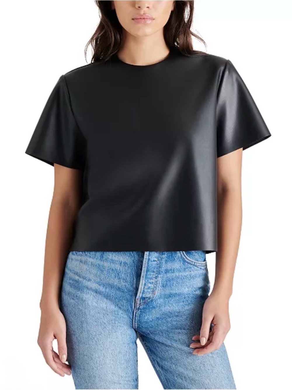 Steve Madden Black Faux-Leather Short Sleeve Boxy Top